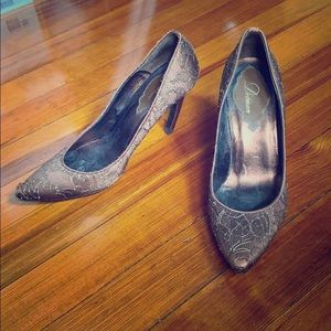 Delman - brown satin evening shoe w/ gold lace